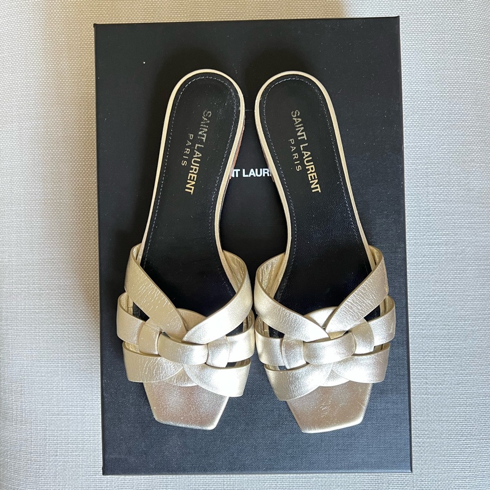 Saint Laurent
Tribute Metallic Leather Slides 36